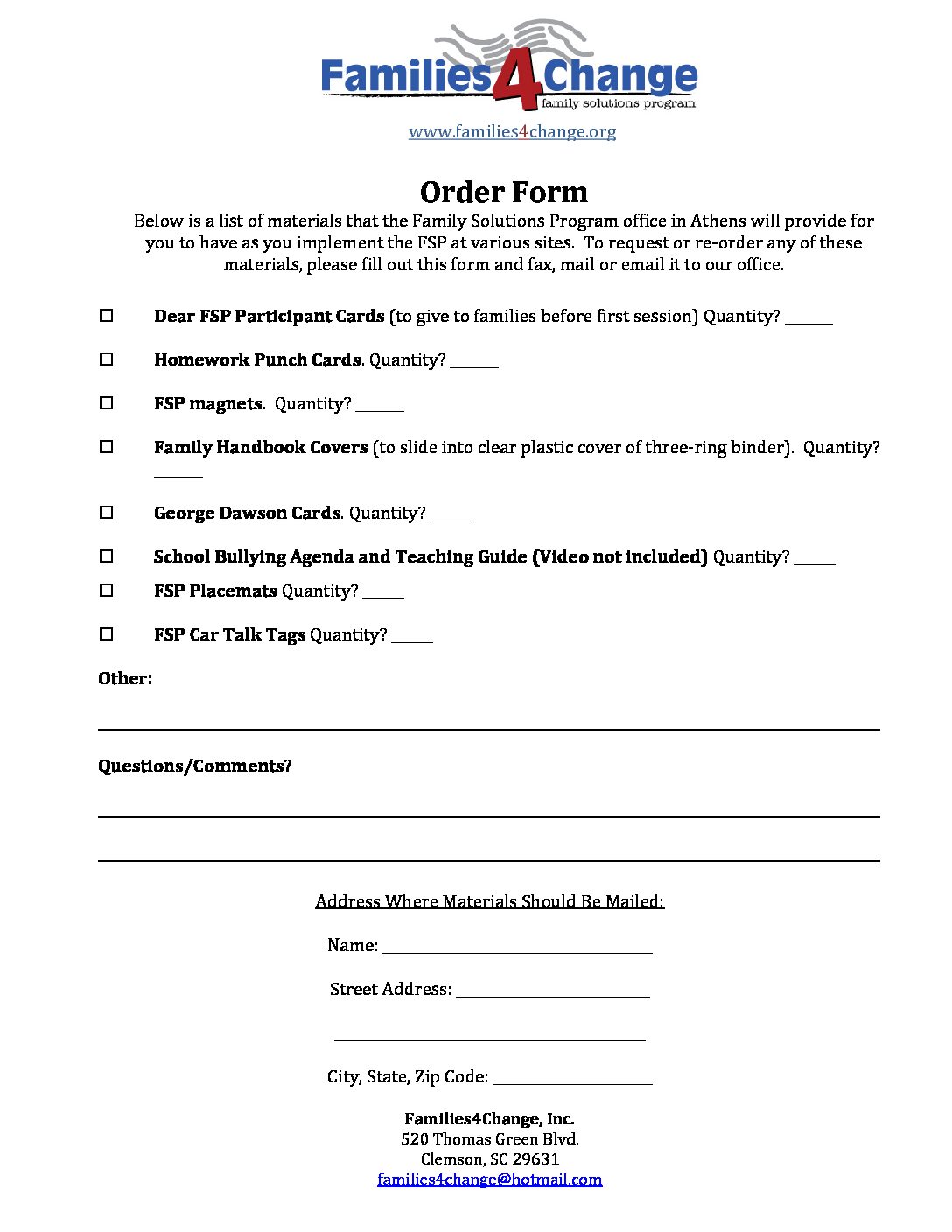 FSP Materials Order Form